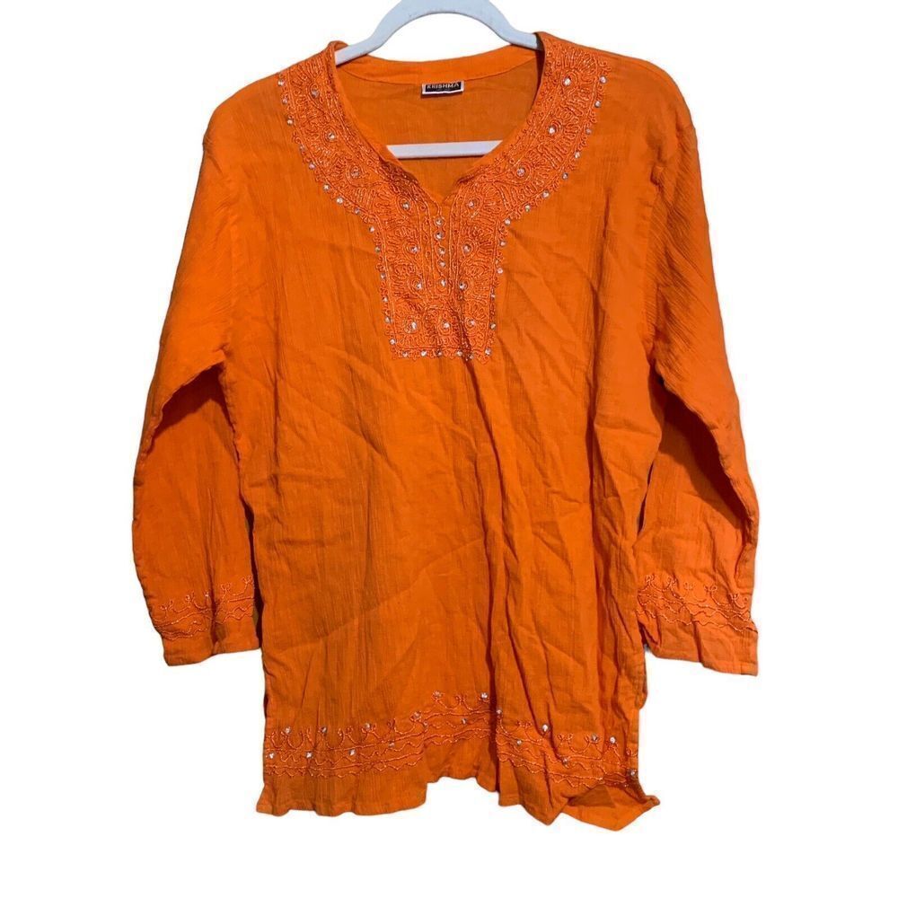 Krishma Womens One Size Orange Gauze Lagenlook Embellished Tunic Top Blouse